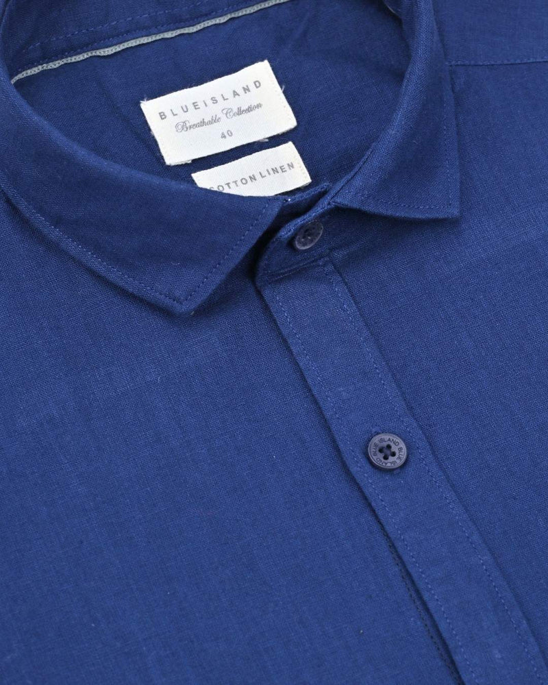 Dark Royal Blue Solid-Full-Cotton Linen Shirt