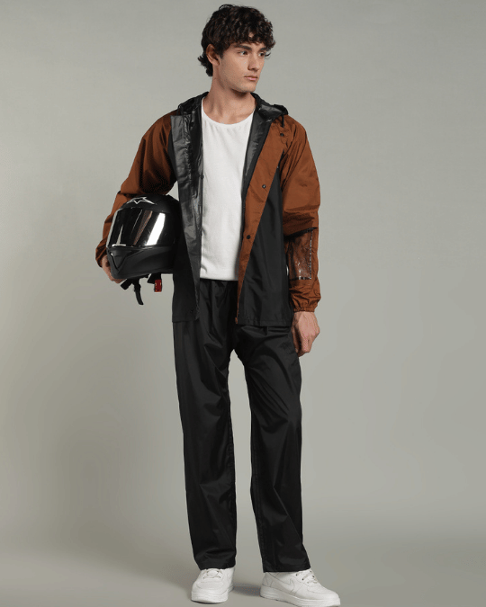 Black with Golden Brown Sleeve - Rain Jacket with Pant & Mobile Pouch