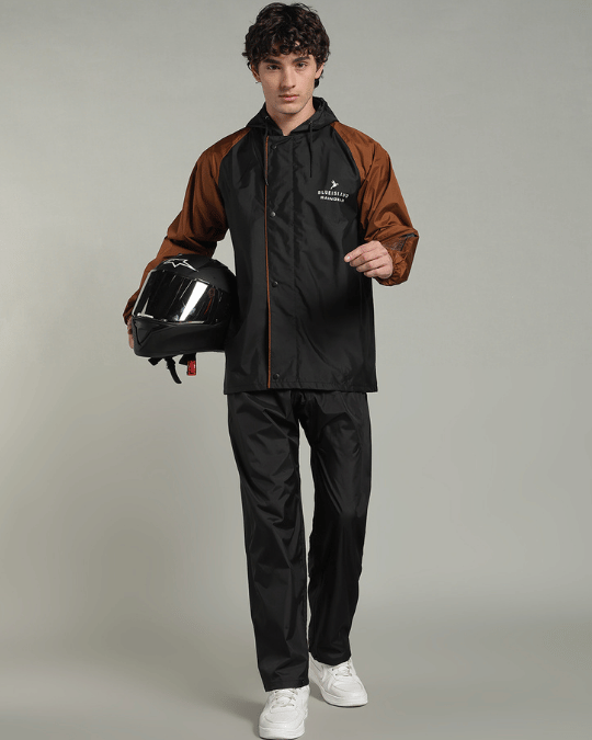 Black with Golden Brown Sleeve - Rain Jacket with Pant & Mobile Pouch