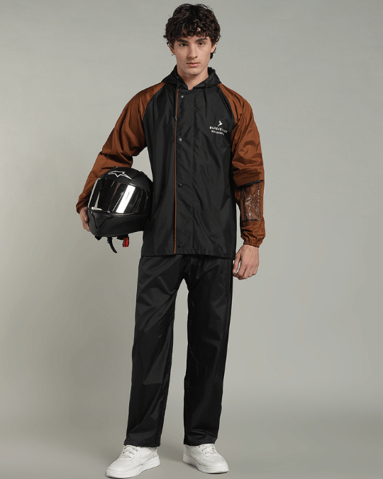 Black with Golden Brown Sleeve - Rain Jacket with Pant & Mobile Pouch