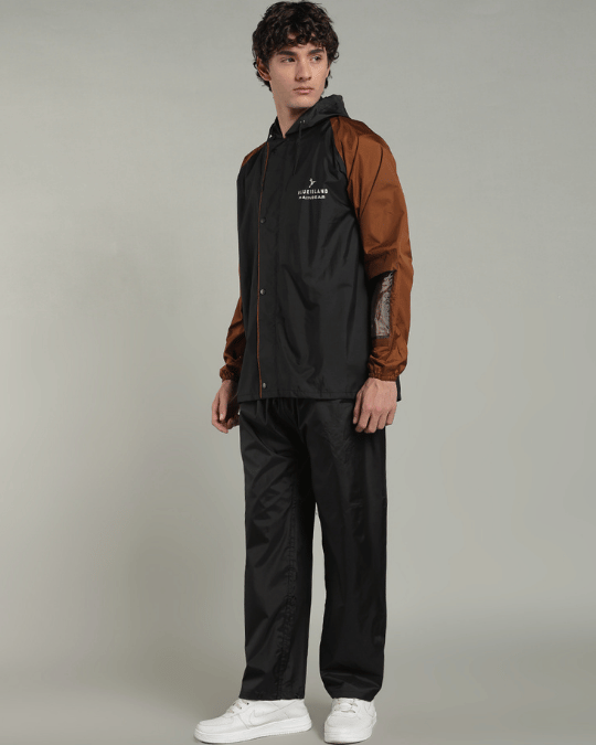 Black with Golden Brown Sleeve - Rain Jacket with Pant & Mobile Pouch