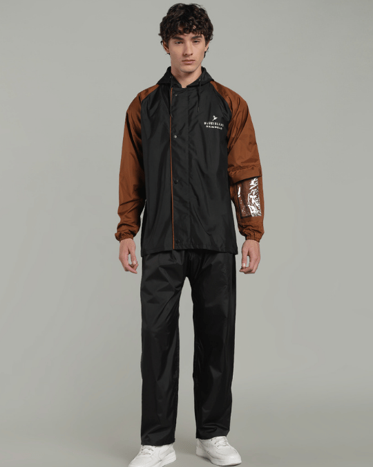 Black with Golden Brown Sleeve - Rain Jacket with Pant & Mobile Pouch