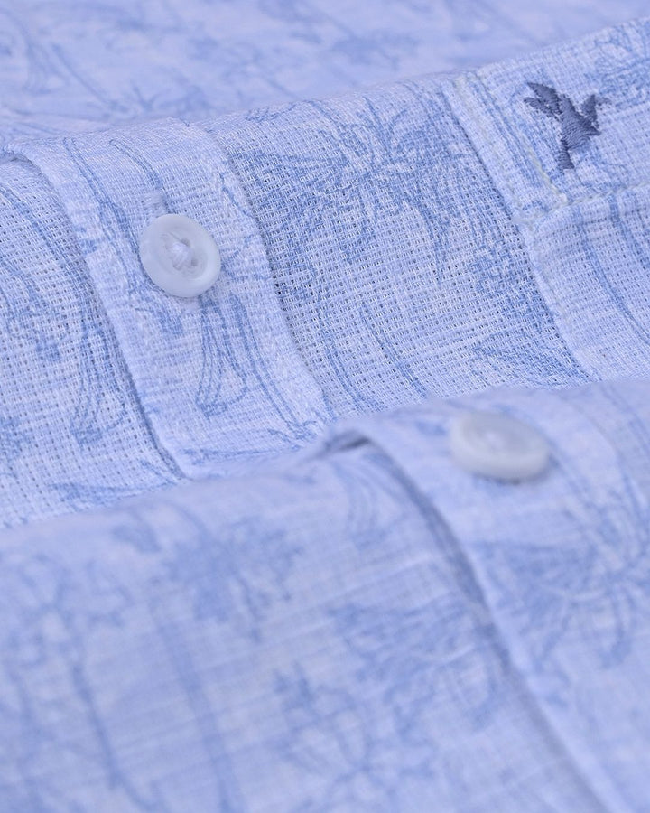 Sky Blue Blossom Print-Full-Cotton Linen Shirt