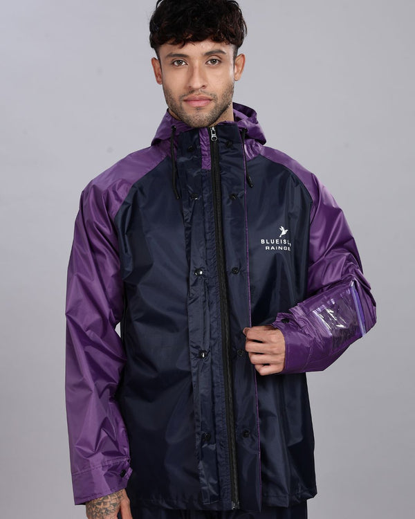 Navy Blue with Violet - Rain Jacket with Pant and Mobile Pouch