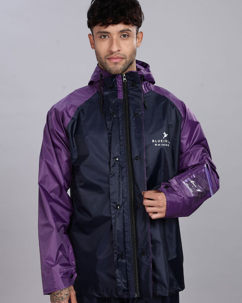 Navy Blue with Violet - Rain Jacket with Pant and Mobile Pouch