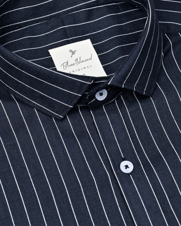 Ninja Black Vertical Stripes -Full-Bamboo Linen