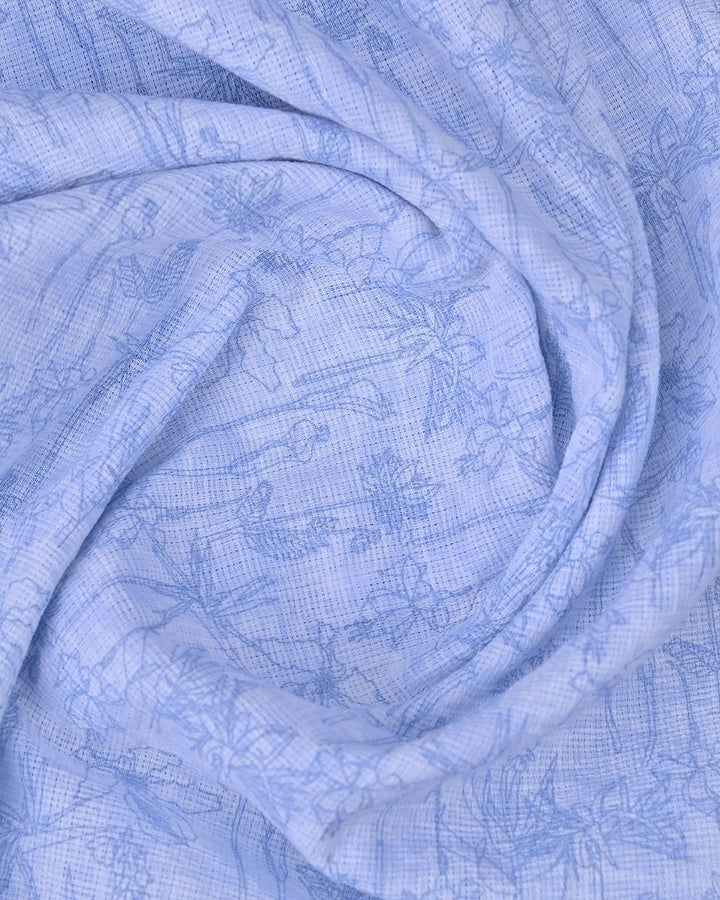 Sky Blue Blossom Print-Full-Cotton Linen Shirt