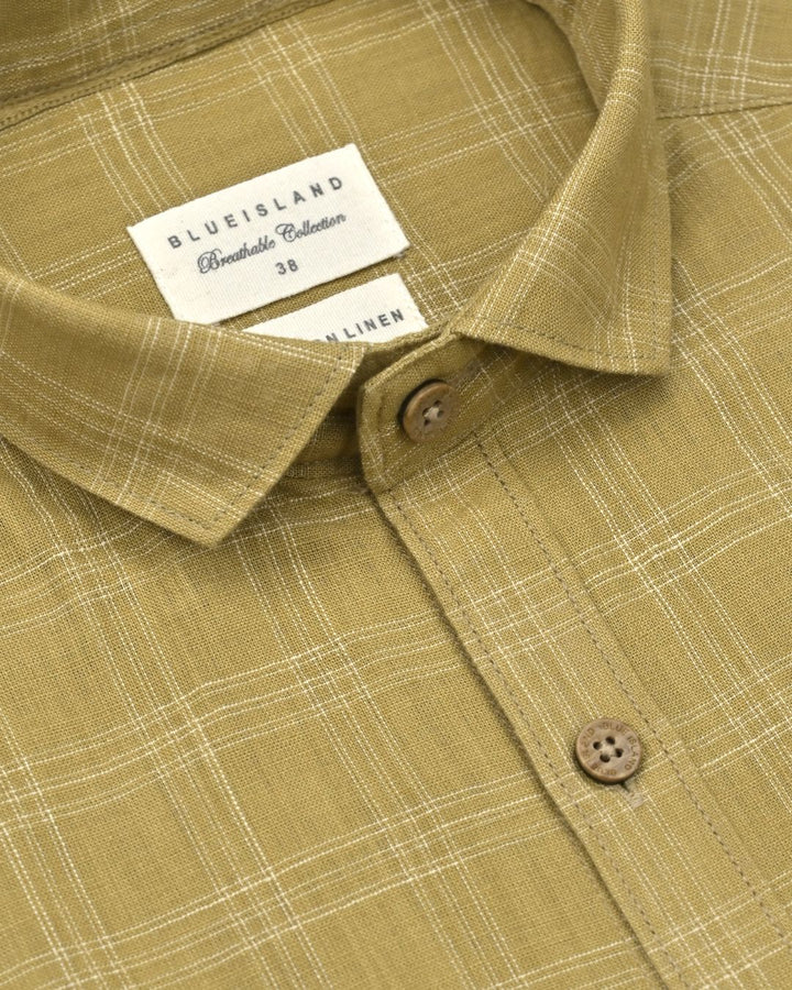 Khaki Triple Line Checks -Full-Cotton Linen Shirt