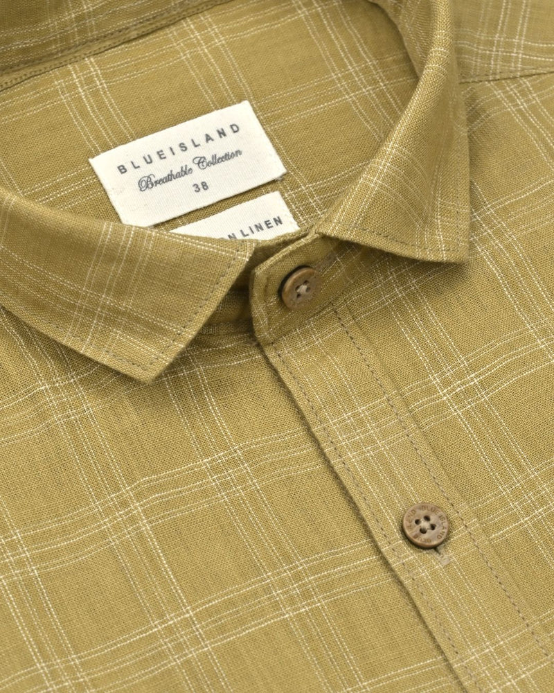 Khaki Triple Line Checks -Full-Cotton Linen Shirt