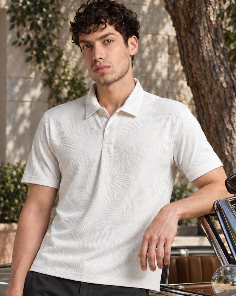 Soft White Geometric Textured - Polo Tshirt