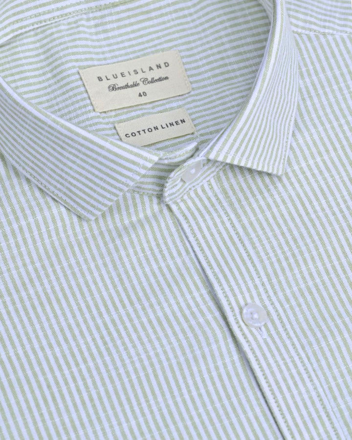 Pistah Green Mini Stripes -Full-Cotton Linen Shirt