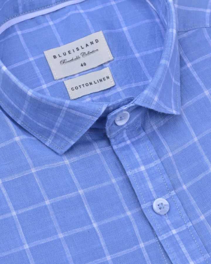 Ocean Blue & White Checks - Half Sleeve -Cotton Linen Shirt