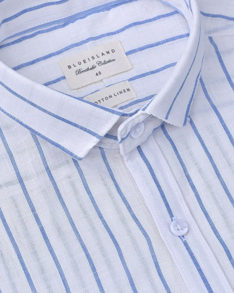 White & Blue Line Stripes-Full-Cotton Linen Shirt