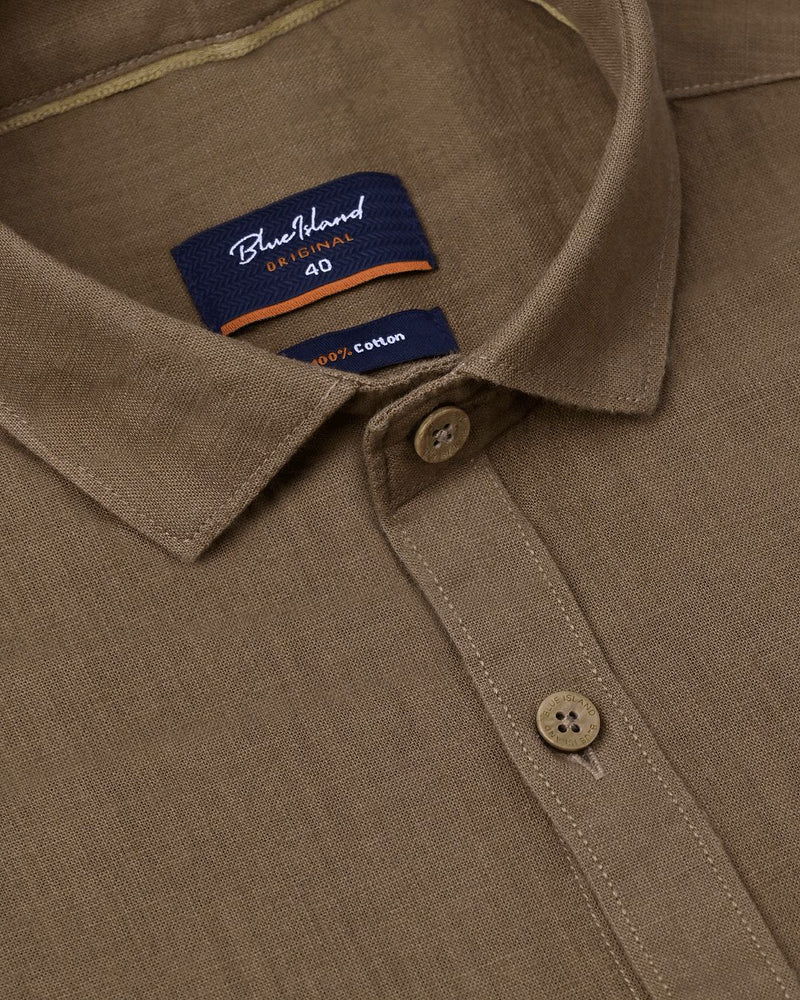 Dark Khaki Solid-Full-Cotton Linen Shirt
