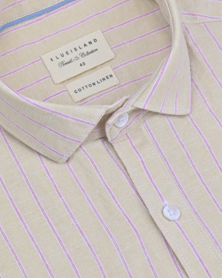 Yellow & Pink Dotted Line Stripes -Full-Cotton Linen Shirt