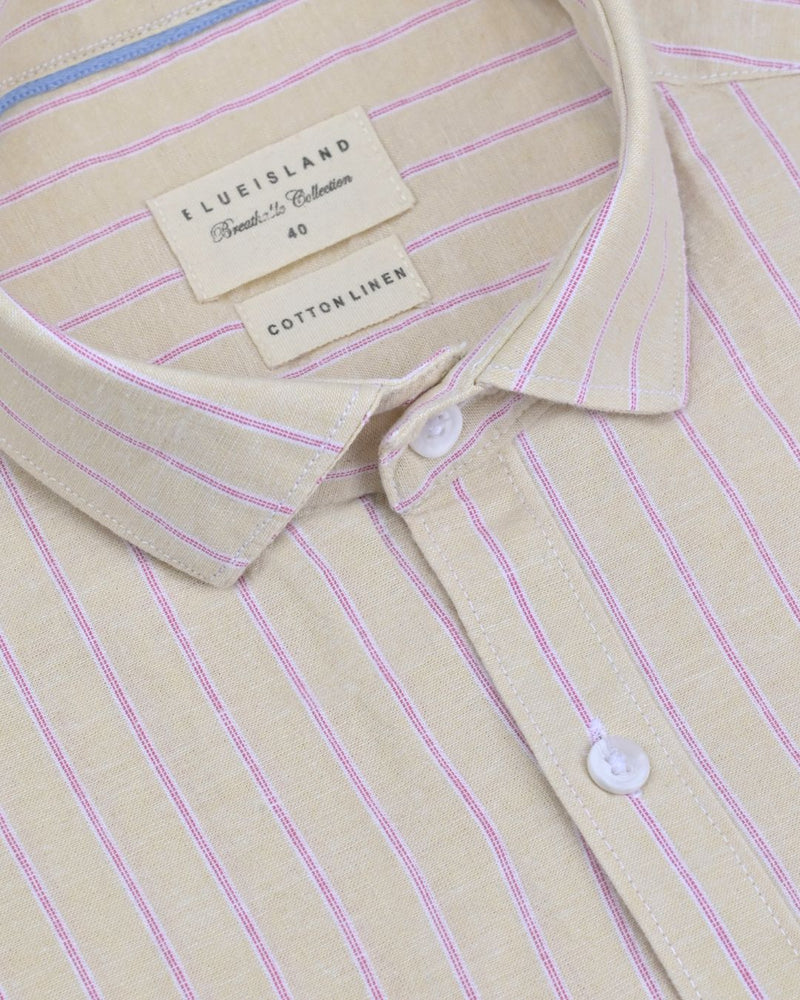 Yellow & Pink Dotted Line Stripes -Full-Cotton Linen Shirt
