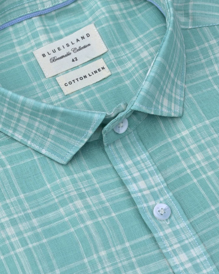 Turquoise Green Checks -Full-Cotton Linen Shirt