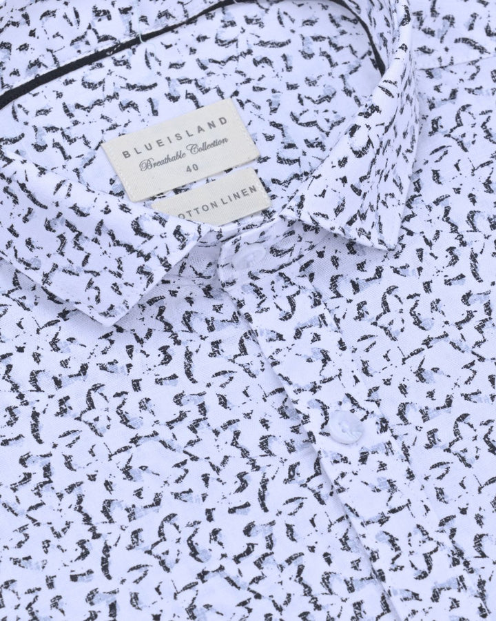 White Semi Star Print-Full-Cotton Linen Shirt