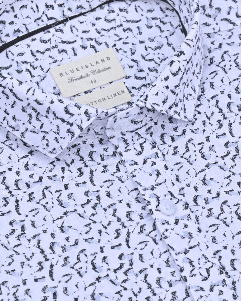 White Semi Star Print-Full-Cotton Linen Shirt