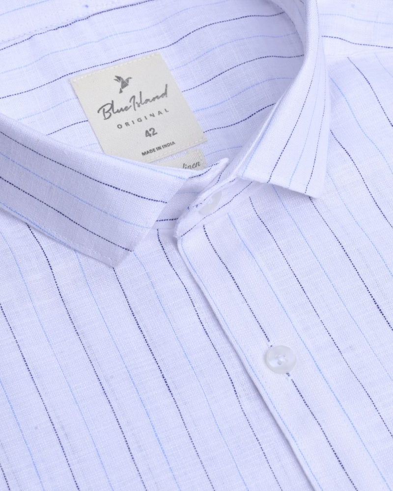 White Navy & Blue Dotted Line Stripes -Full-Bamboo Linen
