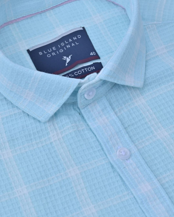 Aqua Blue & White Checks-Full-Stain Proof