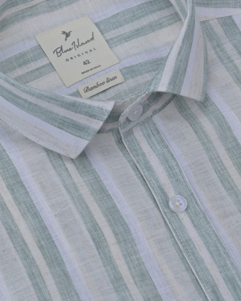 Olive Green Broad Stripes -Full-Bamboo Linen