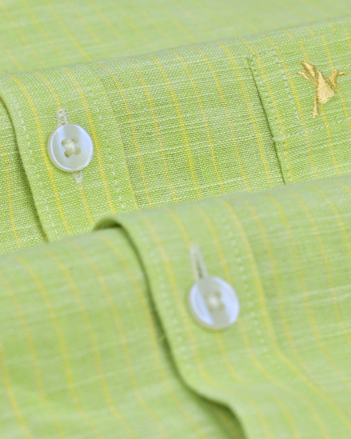 Pistah Green & Yellow Mini Stripes -Full-Bamboo Linen