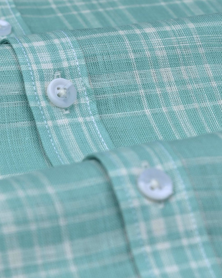 Turquoise Green Checks -Full-Cotton Linen Shirt