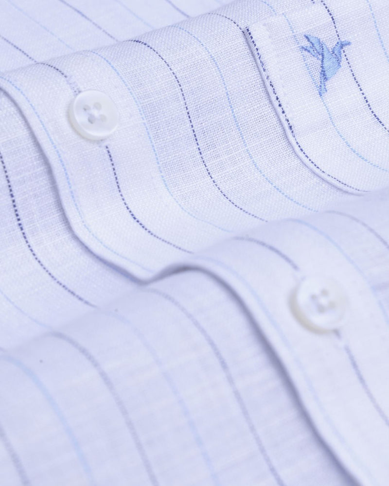 White Navy & Blue Dotted Line Stripes -Full-Bamboo Linen