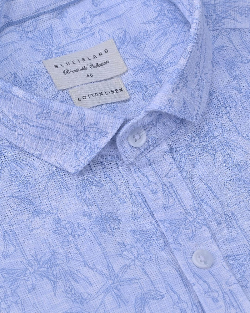 Sky Blue Blossom Print-Full-Cotton Linen Shirt