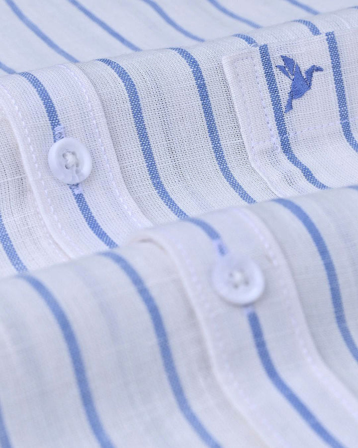 White & Blue Line Stripes-Full-Cotton Linen Shirt