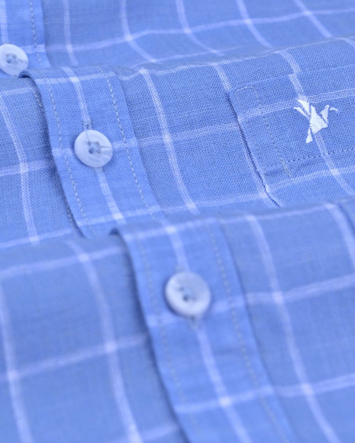 Ocean Blue & White Checks -Full-Cotton Linen Shirt