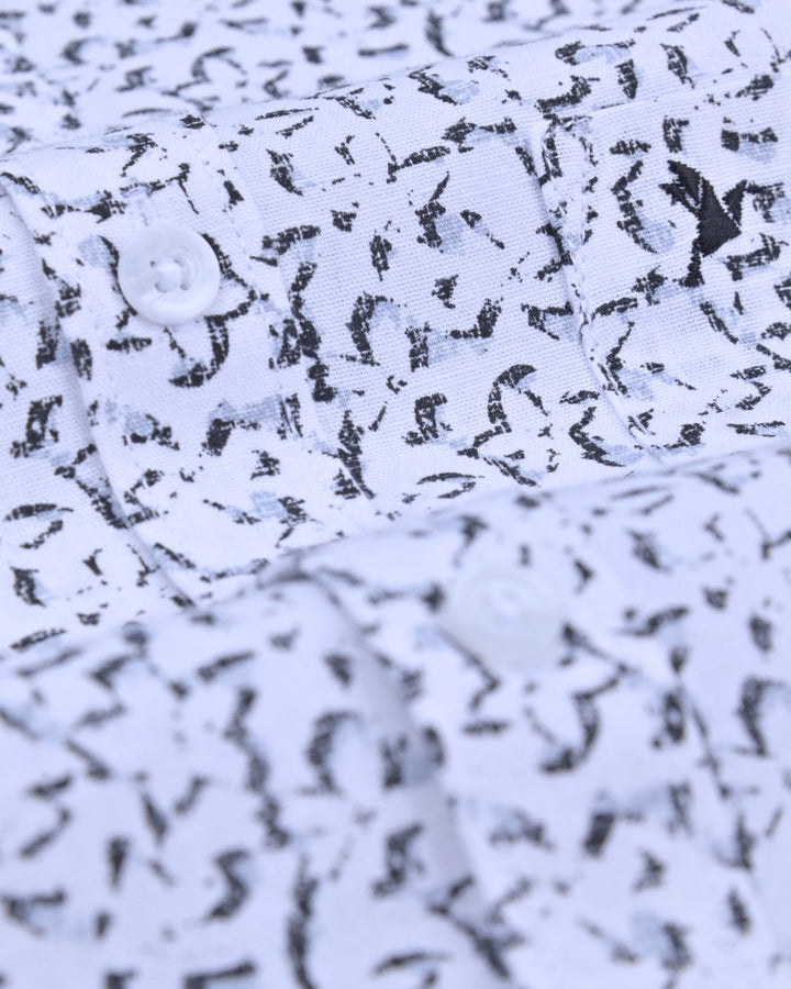 White Semi Star Print-Full-Cotton Linen Shirt