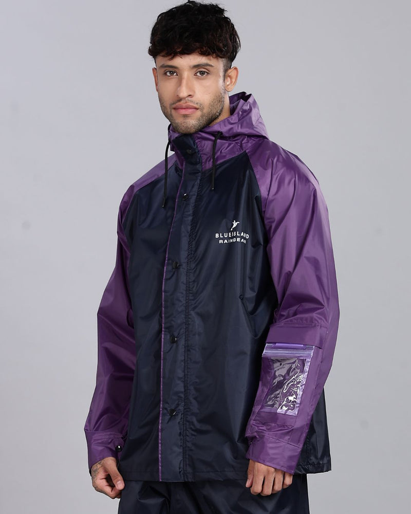 Navy Blue with Violet - Rain Jacket with Pant and Mobile Pouch