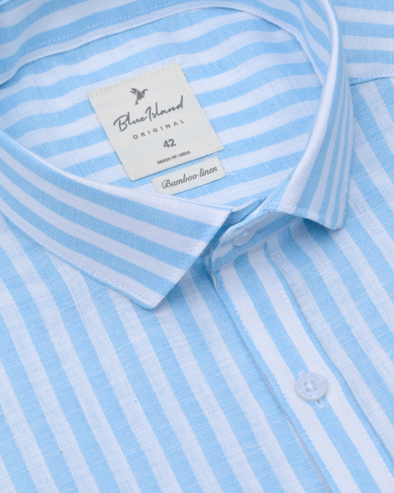 Aqua Blue and White Bars -Full-Bamboo Linen