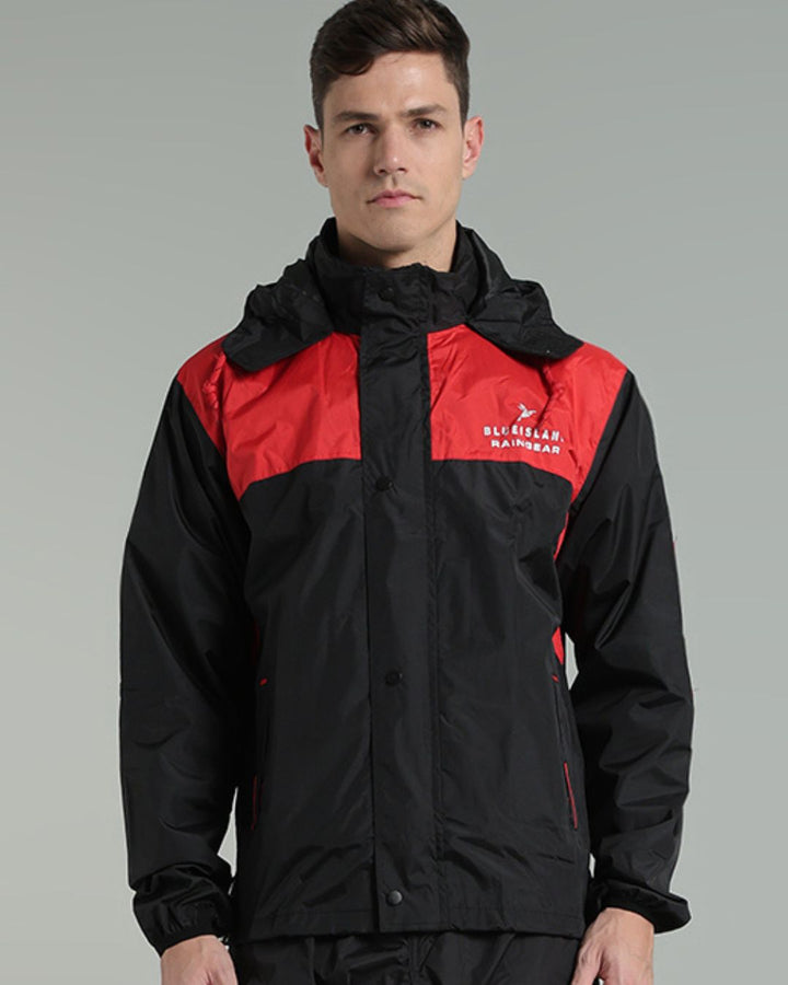 Black with Red Shoulder Panel - Rain Jacket with Pant
