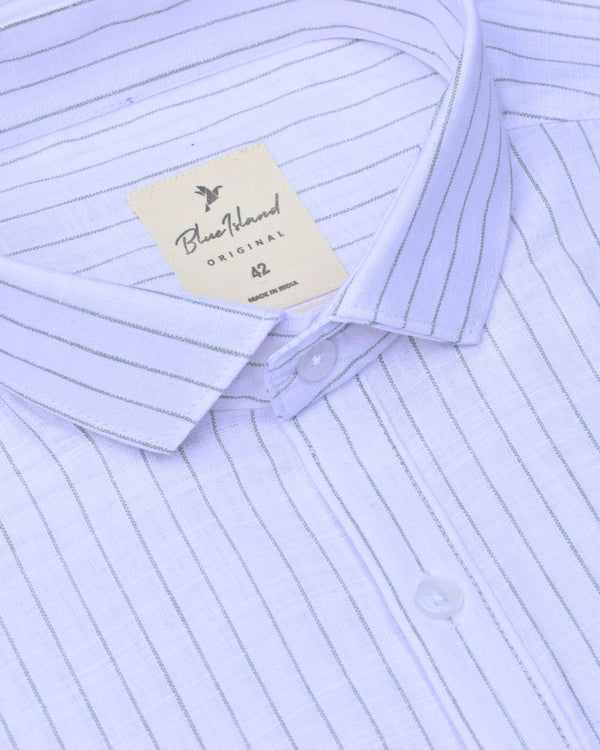 White & Green Line Stripes -Full-Bamboo Linen