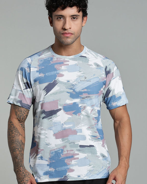 Bluish Grey & Green Splash - Active wear Round neck Tshirt