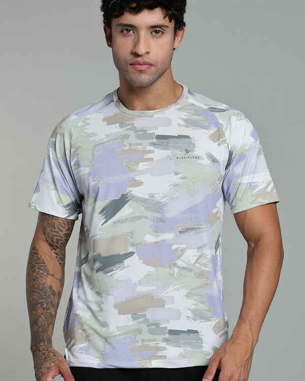 Mild Lavender & Lite Olive Splash - Active wear Round neck Tshirt