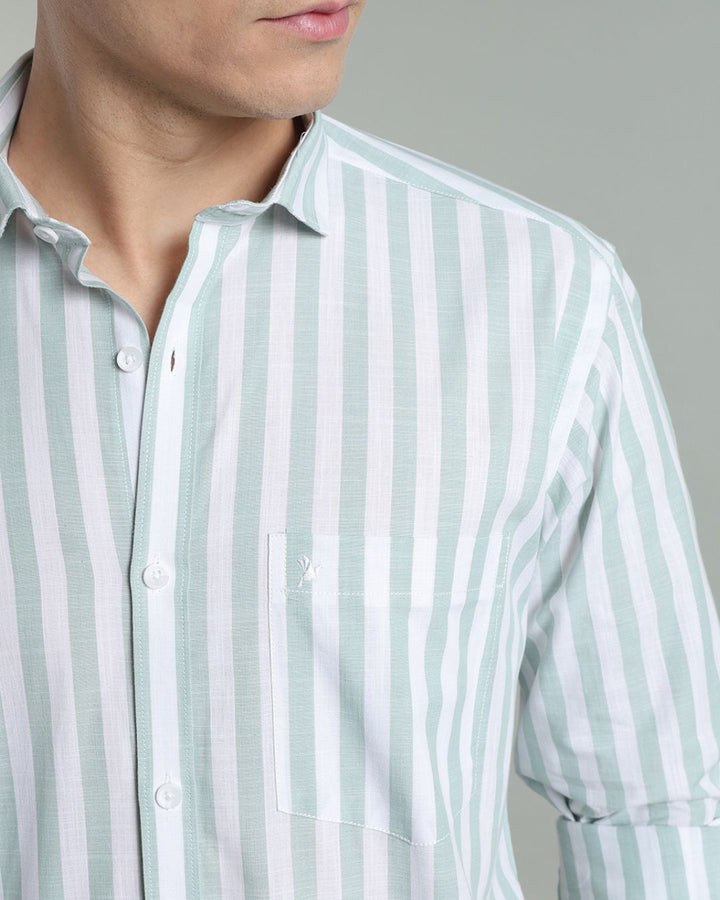 White & Green Bold Stripes -Full-Cotton Linen Shirt