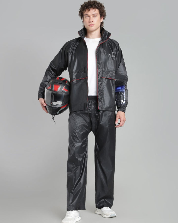Black with Red Taping - Rain Jacket with Pant and Mobile Pouch