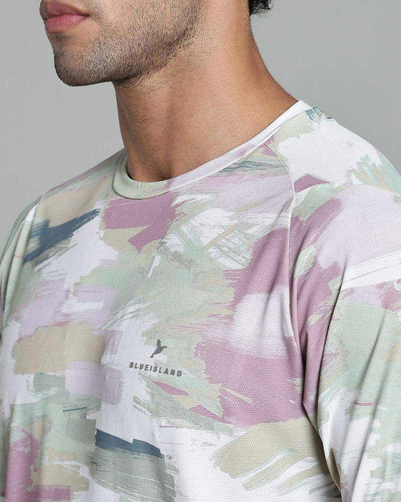 Pistah Green & Pink Splash - Active wear Round neck Tshirt