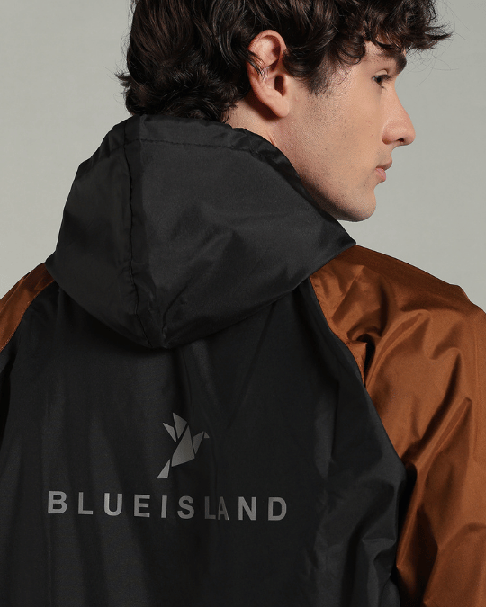 Black with Golden Brown Sleeve - Rain Jacket with Pant & Mobile Pouch