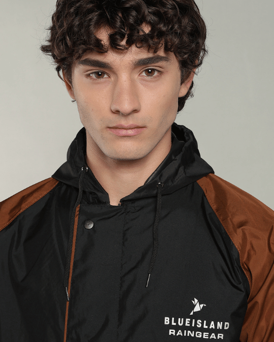 Black with Golden Brown Sleeve - Rain Jacket with Pant & Mobile Pouch