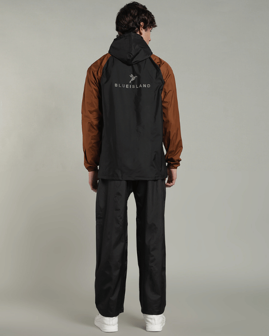 Black with Golden Brown Sleeve - Rain Jacket with Pant & Mobile Pouch