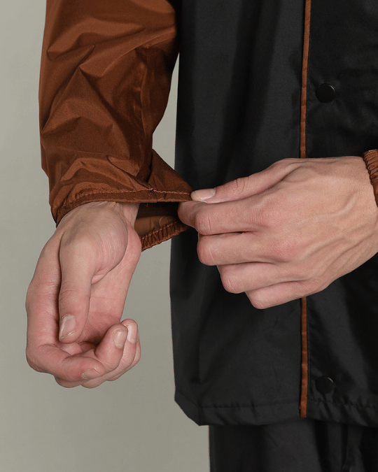 Black with Golden Brown Sleeve - Rain Jacket with Pant & Mobile Pouch