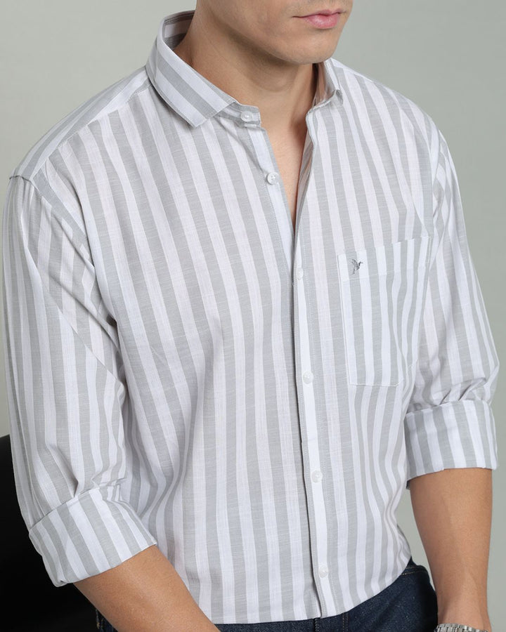 White & Grey Bold Stripes -Full-Cotton Linen Shirt