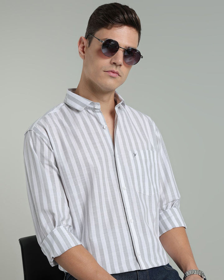 White & Grey Bold Stripes -Full-Cotton Linen Shirt