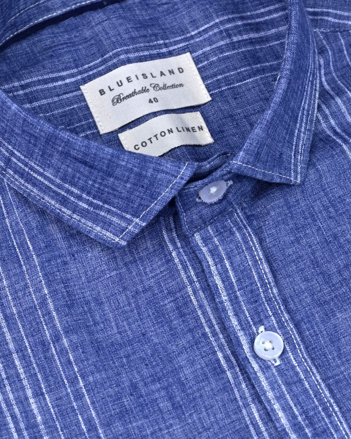 Denim Blue Stripes -Full-Cotton Linen Shirt