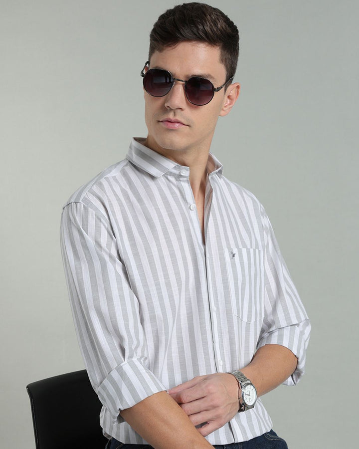White & Grey Bold Stripes -Full-Cotton Linen Shirt